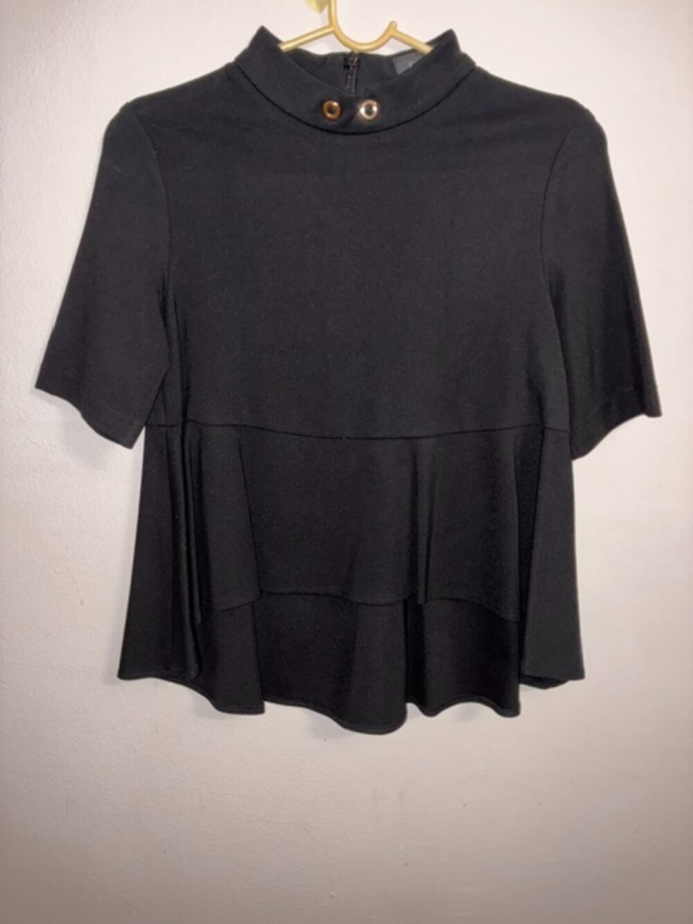 Gracia Black Mock Neck Tiered Peplum Knit Top